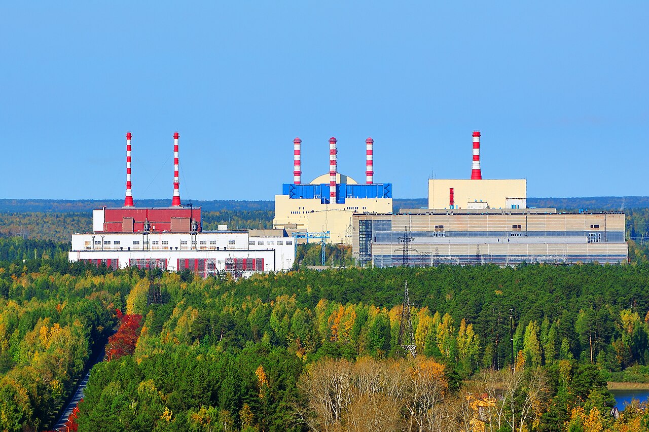 Beloyarsk Nuclear Power Plant units beside an autumn forest