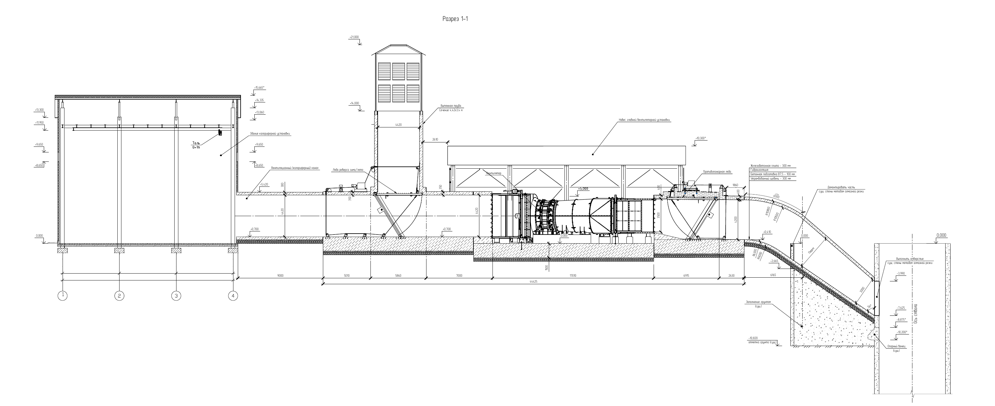 Section through the Shaft 13K main fan and air-heating plant complex and its ventilation duct