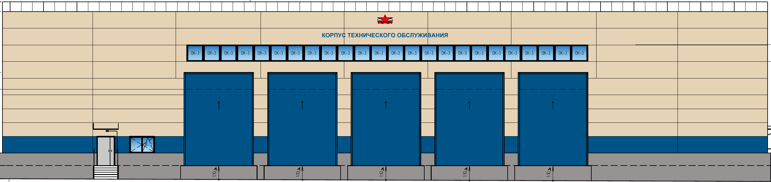 Colored elevation of the Zvezda transport workshop maintenance building from GPITS design documentation